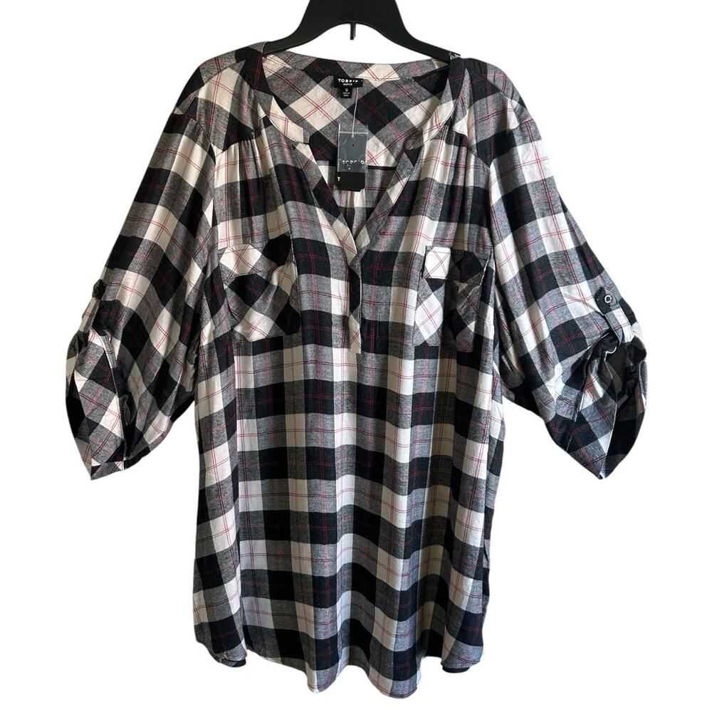 Torrid Harper Plaid Tunic Top 5 5X 28 NWT Roll Tab Sleeve Black White Red